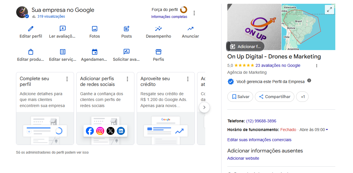Exemplo visual de perfil de empresa no Google