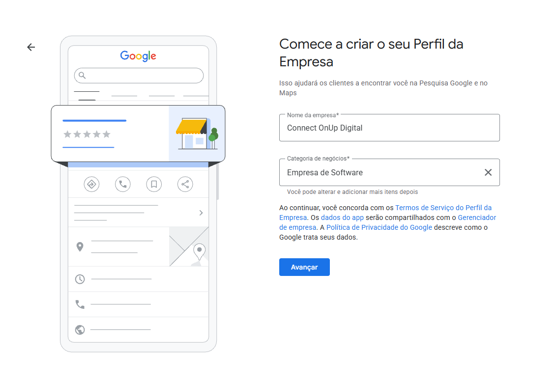 Tela para informar o nome da empresa